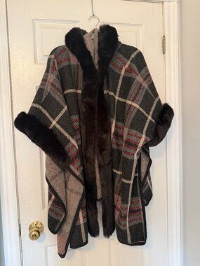 Plaid Cape / Poncho with Faux Fur Trim